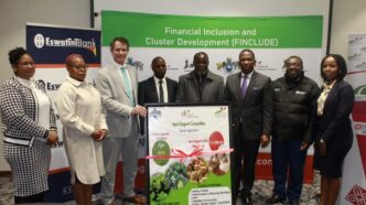 Ministers Neal Rijkenberg and Jabulani Mabuza pose with ESNAU leadership, CFI management and Senior Government officials during the launch of three financial inclusion products on Tuesday, 16th May 2023. Photo: Eswatini Government