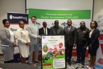 Ministers Neal Rijkenberg and Jabulani Mabuza pose with ESNAU leadership, CFI management and Senior Government officials during the launch of three financial inclusion products on Tuesday, 16th May 2023. Photo: Eswatini Government