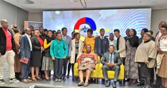 Ministers Phila Buthelezi and Harries Bulunga pose with stakeholders during the official opening of the 2023 Eswatini Career Expo.