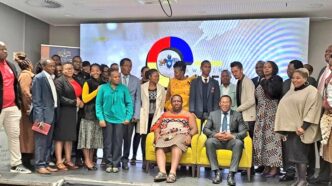 Ministers Phila Buthelezi and Harries Bulunga pose with stakeholders during the official opening of the 2023 Eswatini Career Expo.