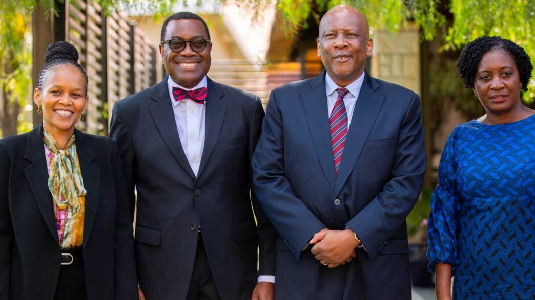 L-R: African Development Bank's Executive Director for Lesotho, Dr. Nomfundo X. Ngwenya; Bank President Akinwumi Adesina; the King of Lesotho, His Majesty King Letsie III; AfDB's Deputy Director General for Southern Africa, Moono Mupotola