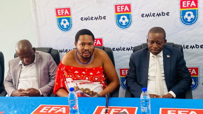 Minister of Sports, Culture and Youth Affairs Bongani Nzima bids farewell to the national team, Sihlangu Semnikati, as they leave the country for the 2026 FIFA World Cup Qualifier matches against Cameroon and Mauritius at Mbombela Stadium in South Africa.