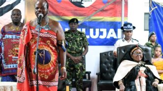 His Majesty King Mswati III addresses attendees at the Buganu ceremony, announcing plans to expand the Hlane Royal Residence arena to accommodate growing crowds.