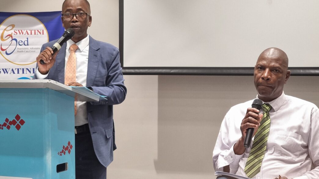 Board Chairperson Sammy Dlamini and Peter Simelane, CEO addressing shareholders during the EswatiniMed Annual General Meeting at the Hilton Garden Inn, announcing the restoration of unity and stability within the organization. Photo: Adekunle Owolabi/Independent News Eswatini [