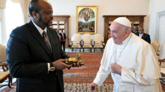 King Mswati III of Eswatini meets Pope Francis at the Vatican during an official visit on October 28, 2024.
