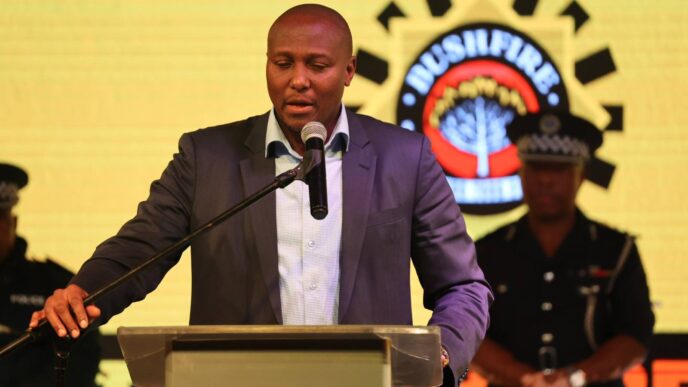 Prime Minister Russell Mmiso Dlamini delivers his remarks at the launch of the 2025 MTN Bushfire Festival at House on Fire.