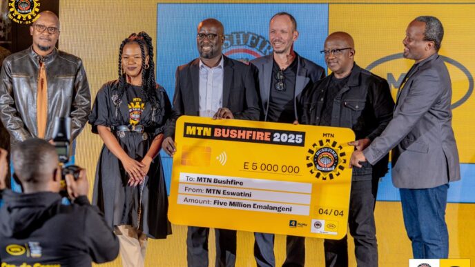 MTN Eswatini representatives hand over donations aimed at fostering local economic growth during the launch of the 2025 MTN Bushfire Festival.