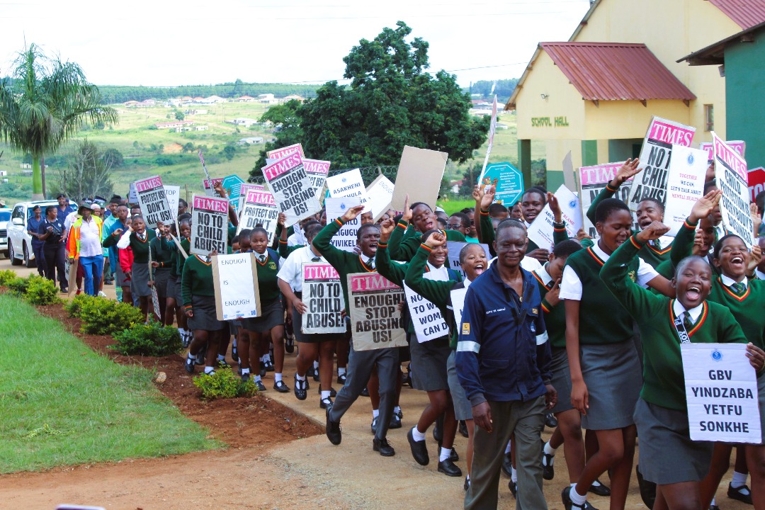 Community members and partners march through Nhlangano to demand justice and protection for children and vulnerable groups.