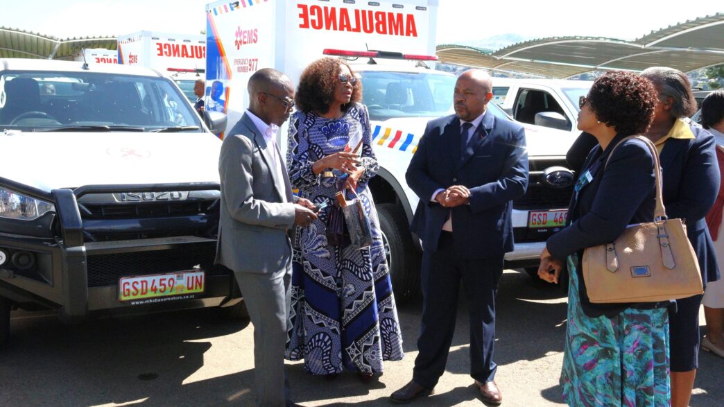A section of the 23 vehicles donated by the Global Fund through NERCHA, including eight ambulances for the Emergency Preparedness and Response Unit.