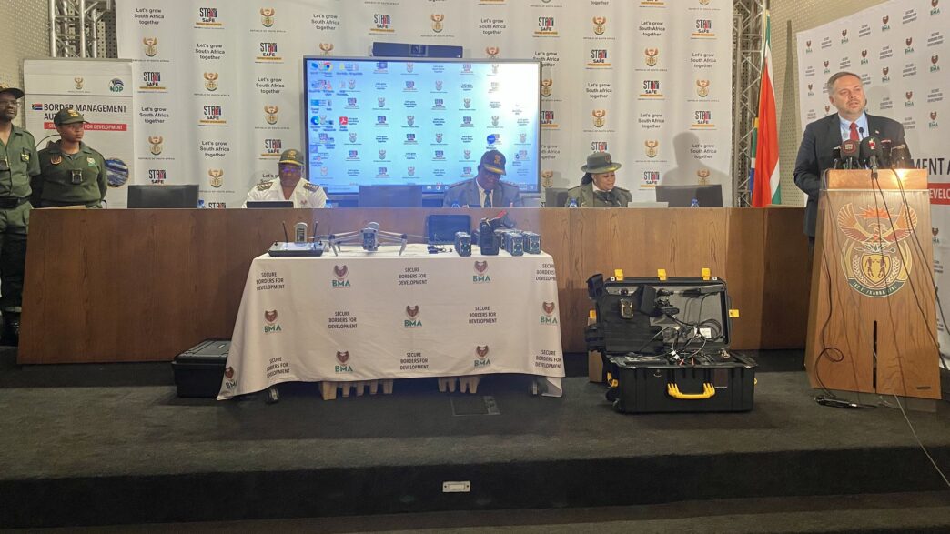 Home Affairs Minister Dr Leon Schreiber inspects a drone ahead of its deployment to strengthen border control over the Easter weekend.