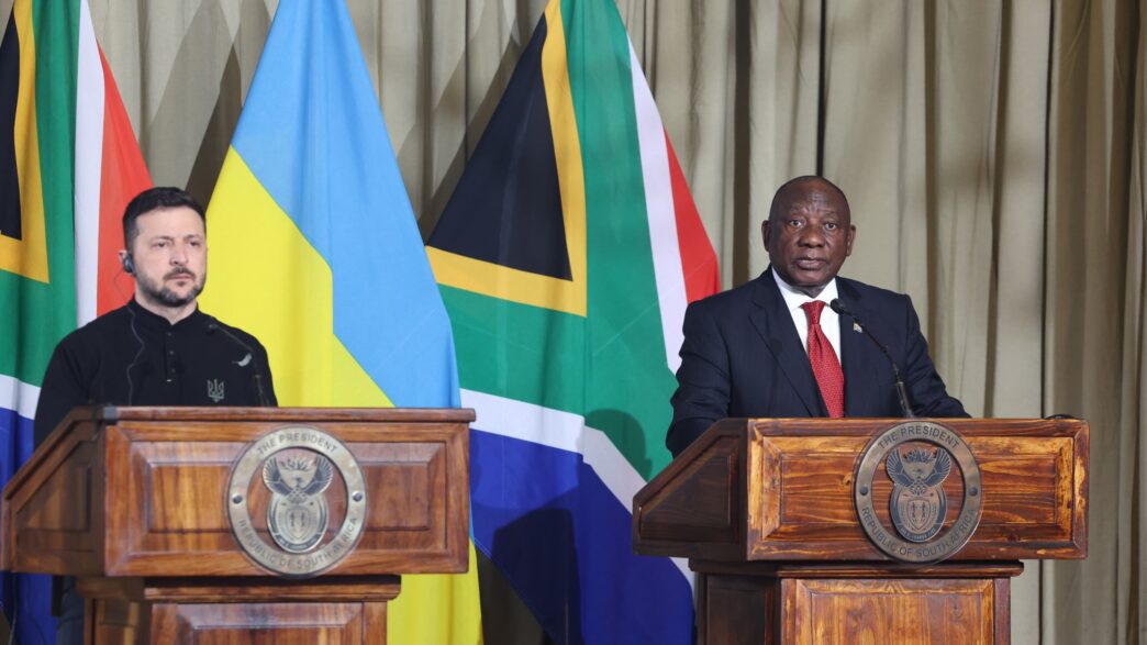 President Cyril Ramaphosa welcomes Ukrainian President Volodymyr Zelenskyy at the Union Buildings in Pretoria.