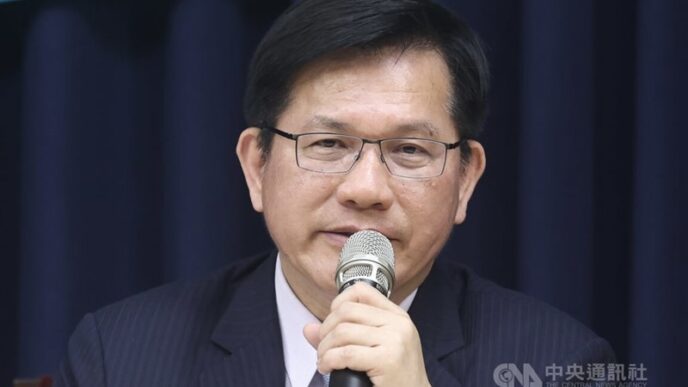 Lin Chia-lung responds to reporters’ questions during a press conference on Friday. CNA photo May 16, 2025