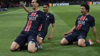 PSG's Fabian Ruiz celebrates after scoring his side's opening goal the Champions League semifinal, second leg soccer match between Paris Saint-Germain and Arsenal at the Parc des Princes in Paris, Wednesday, May 7, 2025. (AP Photo/Aurelien Morissard) (ASSOCIATED PRESS)