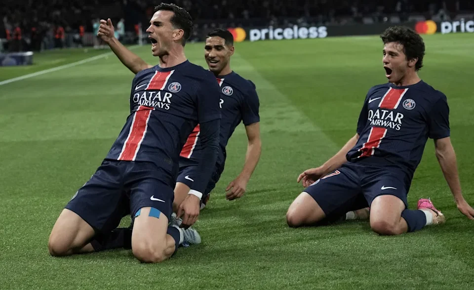 PSG's Fabian Ruiz celebrates after scoring his side's opening goal the Champions League semifinal, second leg soccer match between Paris Saint-Germain and Arsenal at the Parc des Princes in Paris, Wednesday, May 7, 2025. (AP Photo/Aurelien Morissard) (ASSOCIATED PRESS)