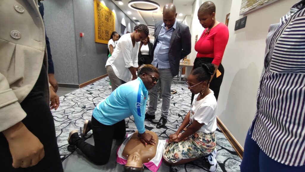 Photo caption: Intern doctors practicing CPR techniques during the Taiwan Medical Mission’s life support training on May 11. Photo by Taiwan Medical Mission, Eswatini