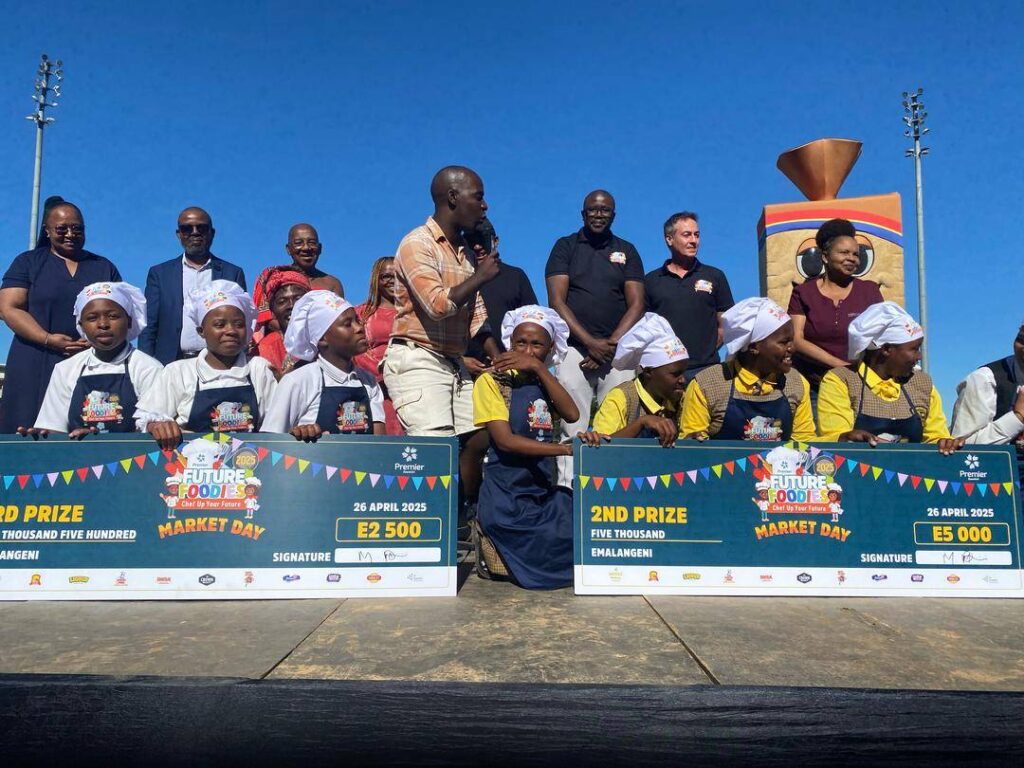 Winners from Masundvwini High School (1st), Boyane High School (2nd), and LaMawandla High School (3rd) celebrate their achievements at the Premier Future Foodies Market Day 2025 at Mavuso Trade and Exhibition Centre.