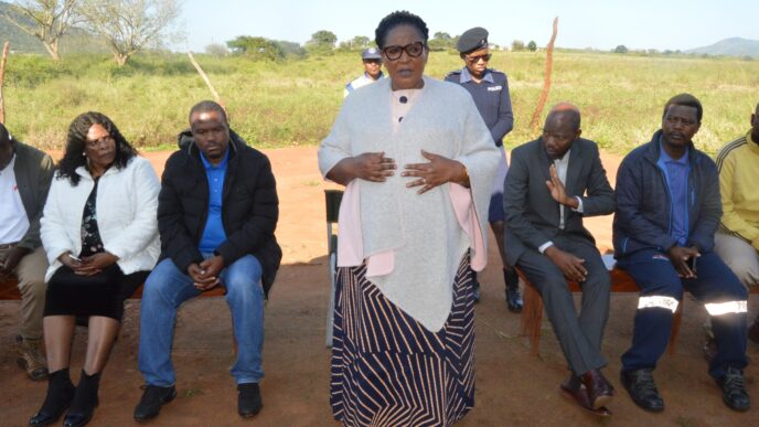 Deputy Prime Minister Thulisile Dladla and Minister Sikhumbuzo Dlamini inspect the damaged irrigation system at the Nkwene Garden Scheme, which has been inactive since January due to flooding.