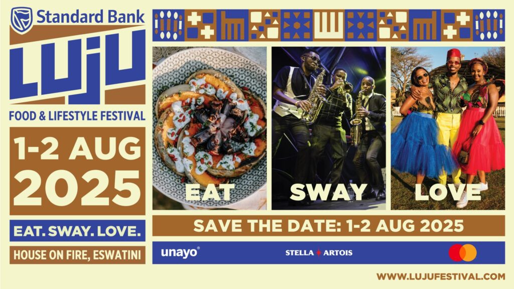Official flyer for the 2025 edition of the Standard Bank Luju Food & Lifestyle Festival, set for 1–2 August at House On Fire in Malkerns.