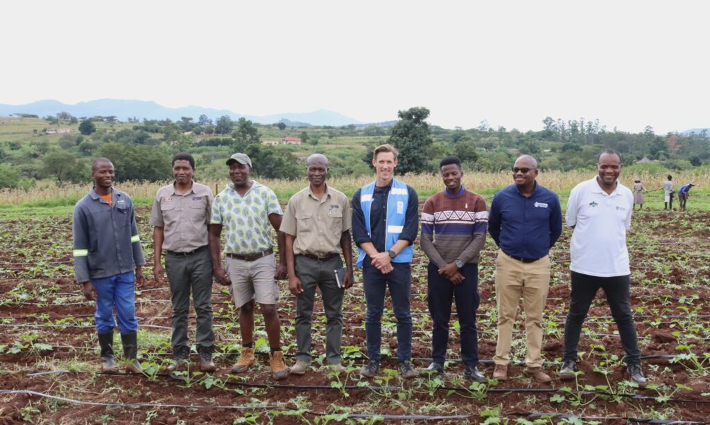 UNDP Resident Representative, Mr Henrik Franklin and NAMBoard CEO, Mr Bhekizwe Maziya, with their delegation pose with young farmer Njabulo Maziya in his vegetable plot.
UNDP/Mantoe Phakathi
