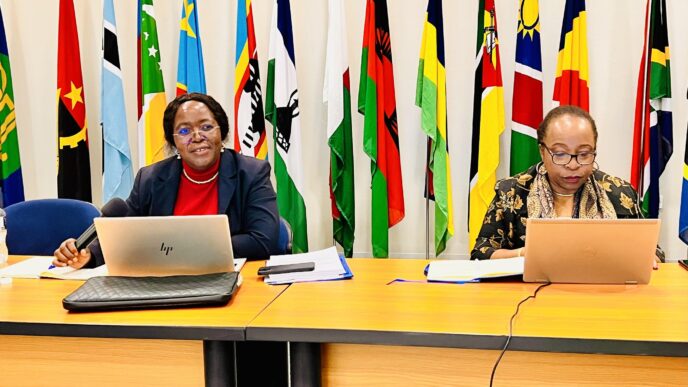 SADC Deputy Executive Secretaries Ms. Angele Makombo N’Tumba and Dr. Judith Kateera co-chair a strategic review session at the SADC Secretariat in Gaborone, Botswana, alongside project managers and directors, aimed at improving the implementation and impact of regional development projects.