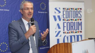 EU Ambassador to Eswatini, Karsten Mecklenburg, with local journalists and media practitioners during the 2025 World Press Freedom Day commemoration at Mountain View Hotel in Mbabane.