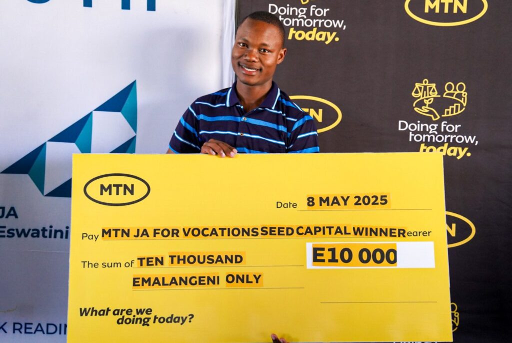 One of the top five graduates receives a E10,000 seed funding cheque to kick-start their business journey under the MTN-JA Entrepreneurship Programme at Mpaka.
