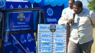 An official speaks to police officers during the launch of the NATCOM’s Cup tournament at Matsapha Police Academy. Photo: Royal Eswatini Police Service