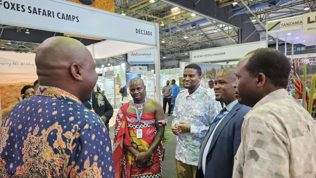 Prince Majaha and Prince Gcina visit the Eswatini stand at Africa’s Travel Indaba 2025 in Durban, engaging with Acting Tourism Minister Skhumbuzo Dlamini and ETA CEO Vusie Dlamini.
