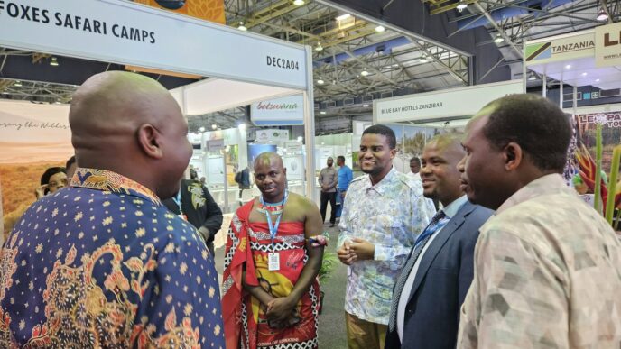 Prince Majaha and Prince Gcina visit the Eswatini stand at Africa’s Travel Indaba 2025 in Durban, engaging with Acting Tourism Minister Skhumbuzo Dlamini and ETA CEO Vusie Dlamini.