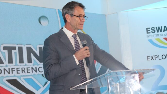 Finance Minister Neal Rijkenberg speaking at the Eswatini Investment Conference, where he outlined key reforms aimed at boosting private sector growth.