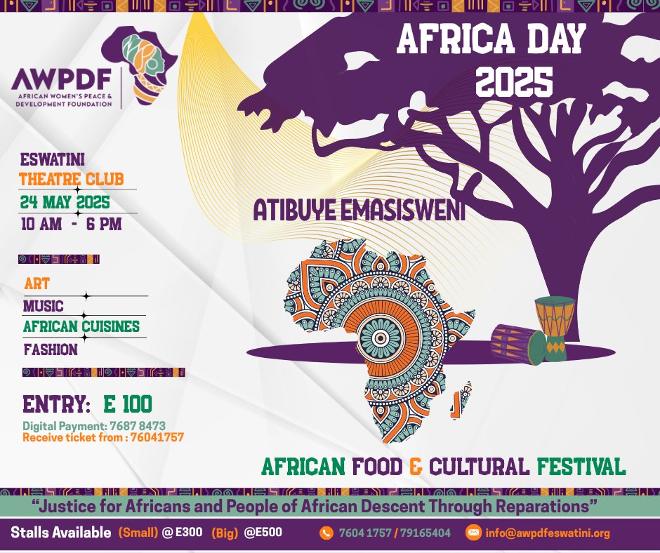 Flyer for the AWPDF Africa Day Food and Cultural Festival at Eswatini Theatre Club on 24 May 2025, celebrating African heritage and the call for reparations.