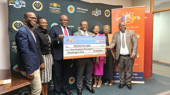 Representatives from ENPF and SEDCO during the official handover of the sponsorship cheque for the 19th edition of the Entrepreneur of the Year Awards.