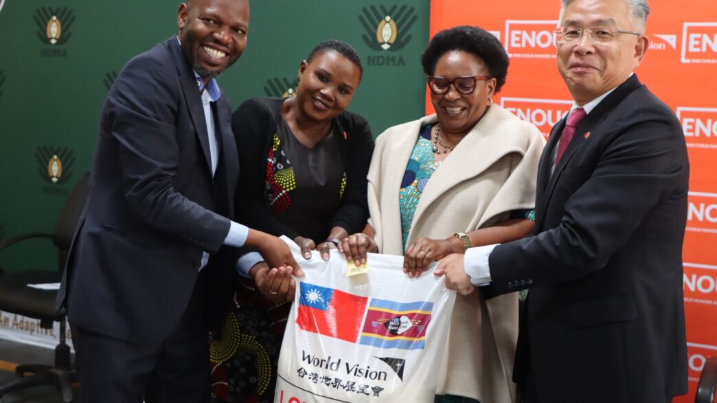 Deputy Prime Minister Thulisile Dladla receives a symbolic bag of rice during the launch of the national food assistance programme at the NDMA Warehouse in Matsapha, following a 2,000-ton donation from the Republic of China (Taiwan). Photo: NDMA
