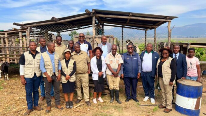 Officials from the Ministry of Agriculture pose with EADF-supported farmers during a monitoring visit to various agribusiness sites across Eswatini.