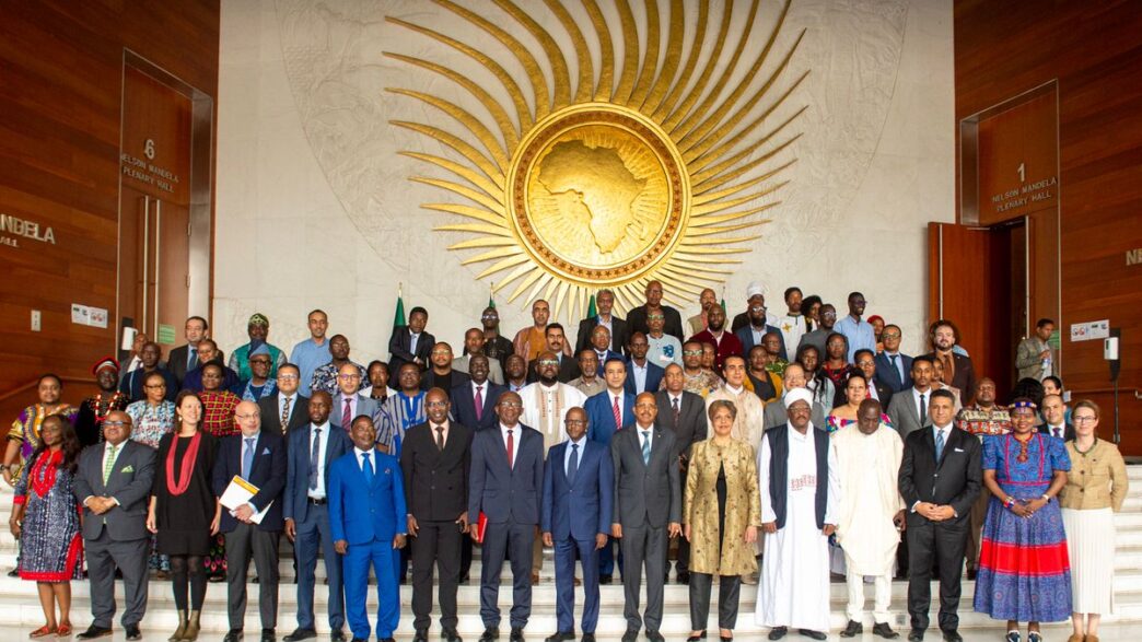 Chairperson of the African Union Commission, H.E. Mahmoud Ali Youssouf, poses for a group photo with African representatives during the 2025 Africa Day commemoration in Addis Ababa.