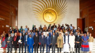 Chairperson of the African Union Commission, H.E. Mahmoud Ali Youssouf, poses for a group photo with African representatives during the 2025 Africa Day commemoration in Addis Ababa.