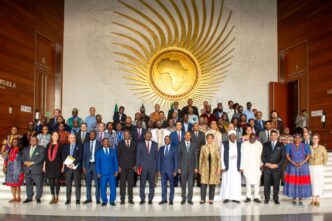 Chairperson of the African Union Commission, H.E. Mahmoud Ali Youssouf, poses for a group photo with African representatives during the 2025 Africa Day commemoration in Addis Ababa.