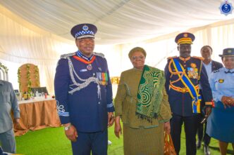 National Commissioner of Police Mr. Manoma Vusie Masango shares a moment with Namibian President Dr. Netumbo Nandi-Ndaitwah during the Police Day celebrations at Oshakati Stadium. Photo: Royal Eswatini Police Service