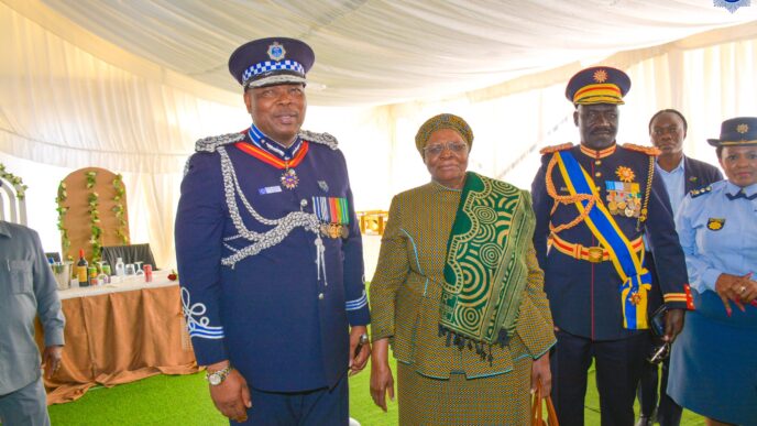 National Commissioner of Police Mr. Manoma Vusie Masango shares a moment with Namibian President Dr. Netumbo Nandi-Ndaitwah during the Police Day celebrations at Oshakati Stadium. Photo: Royal Eswatini Police Service