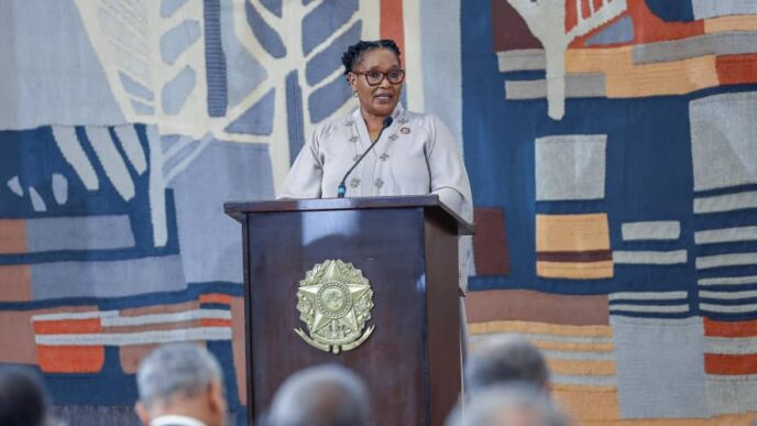 Deputy Prime Minister Thulisile Dladla delivers Eswatini’s address at the Brazil-Africa Dialogue. Photo Supplied