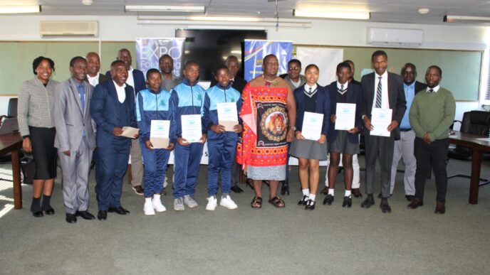 Minister of Labour and Social Security Phila Buthelezi joins students and teachers from Lamawandla and Mkhuzweni High Schools for a group photo after celebrating their top placements at the 2024 Aqualibrium Water Competition in South Africa.