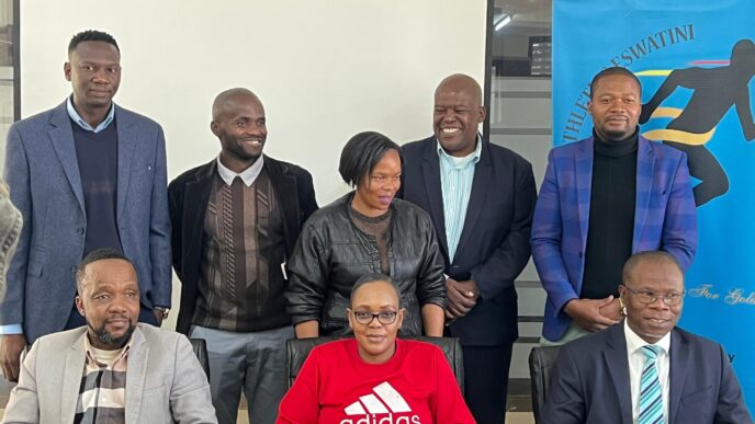 AE President Zakhele J. Dlamini with members of the newly appointed biography committee at the launch of the AE Odyssey at Sigwaca House, Mbabane. Photo: Athletics Eswatini