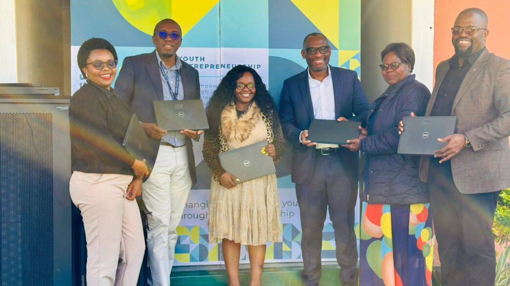 World Bank Resident Representative Ikechi Okorie hands over laptops to JA Eswatini Executive Director Phetsile Masilela during a courtesy visit at the organisation's offices in Mbabane.
