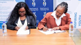 JA Eswatini Executive Director Phetsile Masilela signs the MoU with RSTP Acting CEO Nomvuyo Gulwako during a brief ceremony at the Royal Science and Technology Park. Photo: JA Eswatini