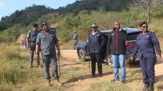 National Commissioner of Police, Mr. Manoma Vusie Masango, addresses residents and police officers at Jericho during the ongoing search for the missing 8-year-old girl. Photo: Royal Eswatini Police Service