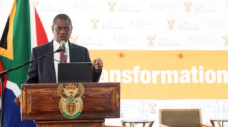 Deputy President Paul Mashatile delivers a keynote address at Business Breakfast engagement session and launch of the Transformation Fund at the Freedom Park Heritage Site and Museum in Pretoria. [Photo: GCIS]