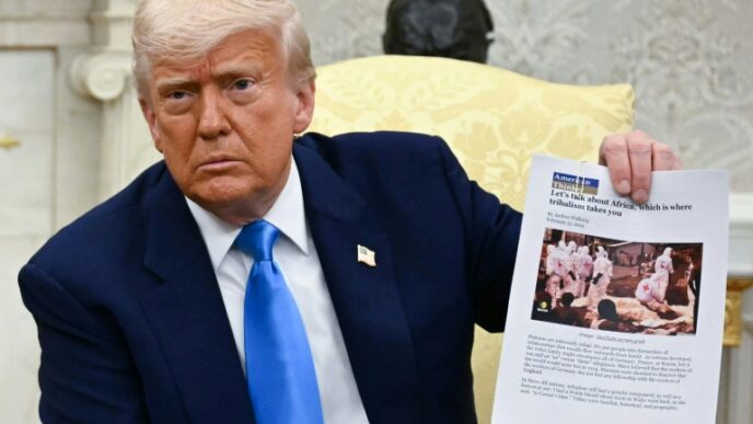 US President Donald Trump showed a sheaf of documents that he said was evidence of a 'genocide' against white farmers in South Africa (Jim WATSON)