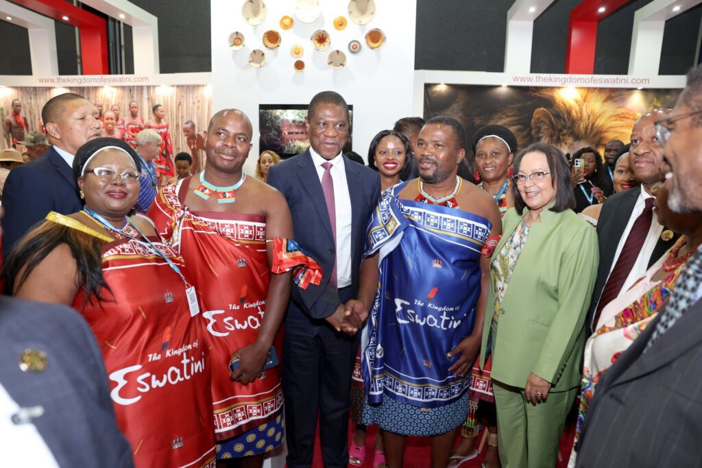 Acting Minister of Tourism and Environmental Affairs, Honourable Skhumbuzo Dlamini, and ETA CEO, Mr. Vusie Dlamini, pictured alongside South Africa’s Deputy President, Honourable Paul Mashatile,  speaking to the media at the official opening of Africa’s Travel Indaba 2025 at the Durban ICC.