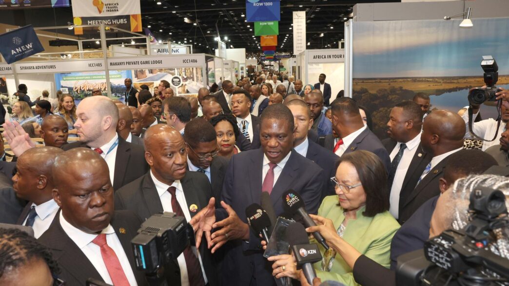 South Africa’s Deputy President, Honourable Paul Mashatile, speaking to the media at the official opening of Africa’s Travel Indaba 2025 at the Durban ICC.