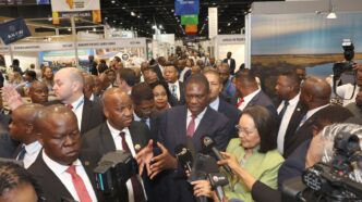 South Africa’s Deputy President, Honourable Paul Mashatile, speaking to the media at the official opening of Africa’s Travel Indaba 2025 at the Durban ICC.